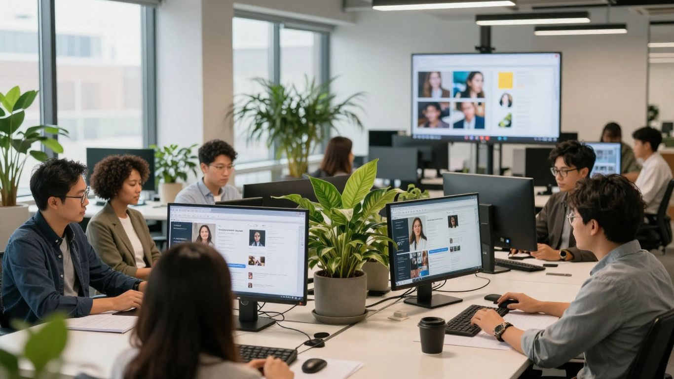 New Jersey social media agency office with professionals collaborating.