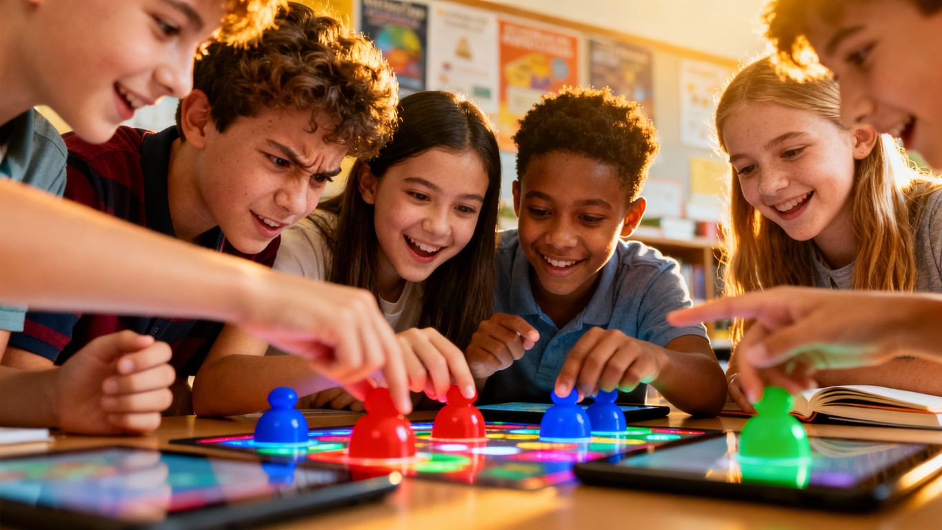 Students learning through interactive game-based activities.