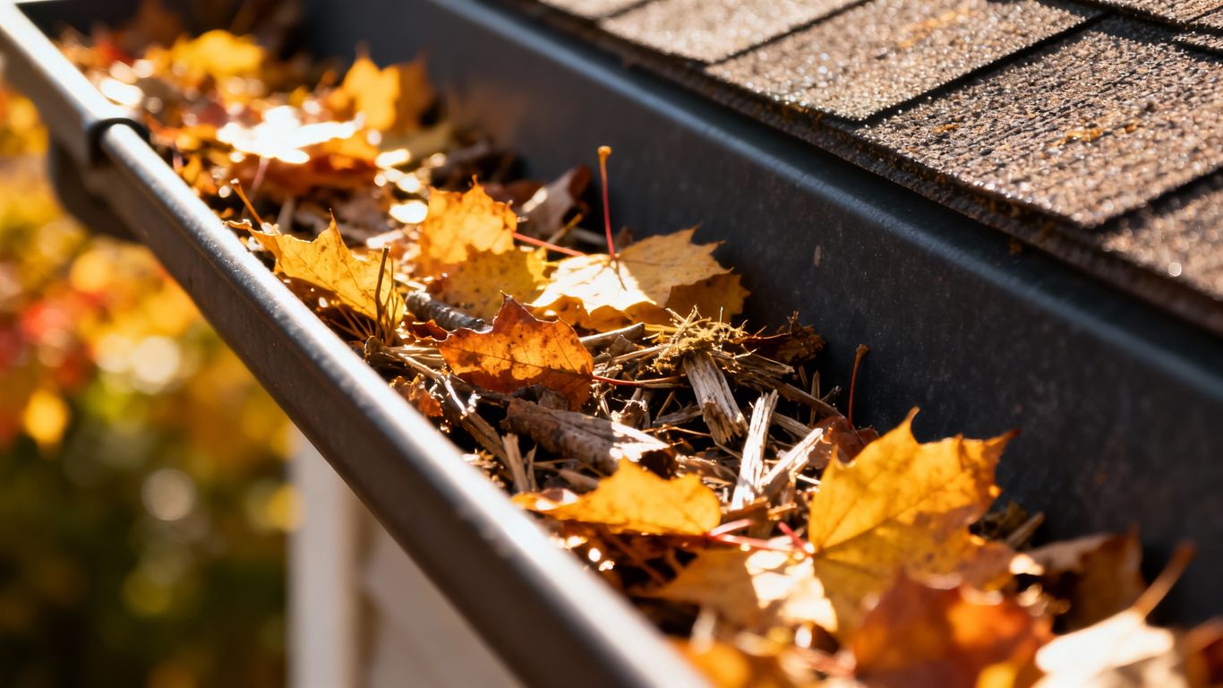 Autumn leaves clogging a house gutter.
