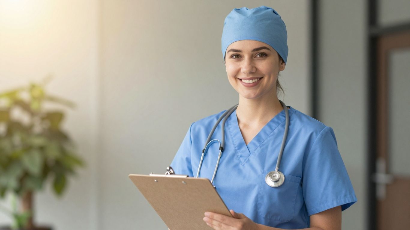 Healthcare worker in Washington State smiling with clipboard.