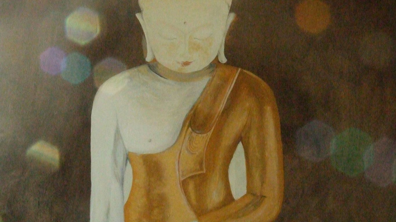 a painting of a person sitting on a table