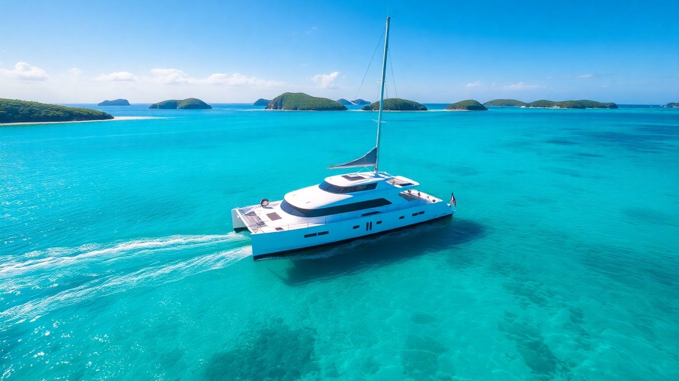 Luxury catamaran sailing on clear blue ocean waters.