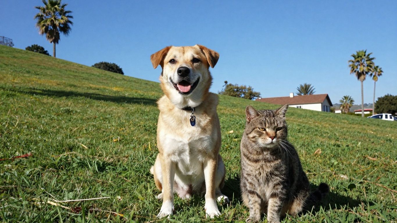 Dog and cat on a sunny California hillside.