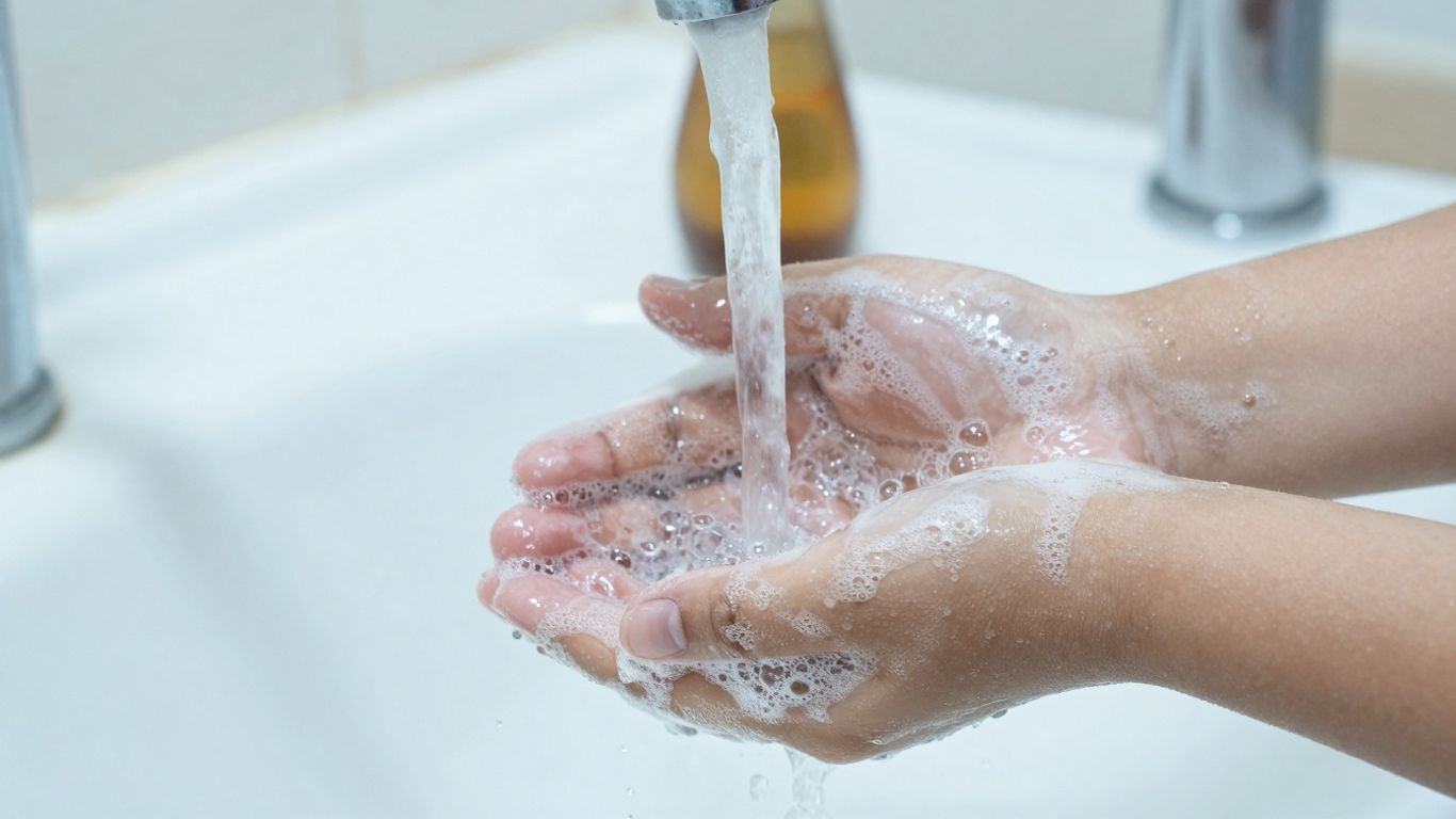 Copilul își spală mâinile cu apă și săpun.