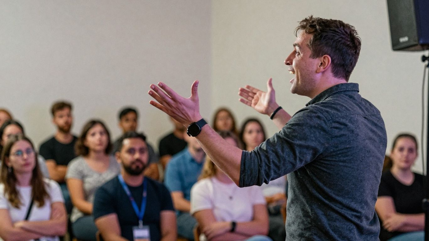 Speaker engaging an audience with expressive delivery.