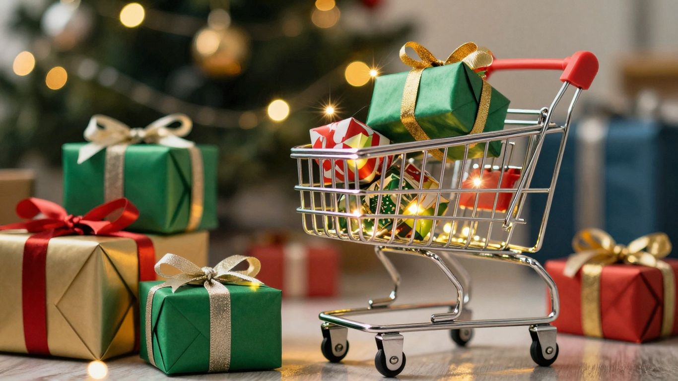 Feestelijke geschenkdozen en winkelwagentje met kerstverlichting.