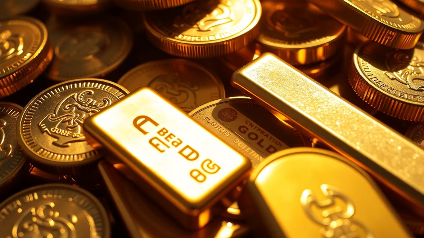 金幣和金條在燈光下閃閃發光。