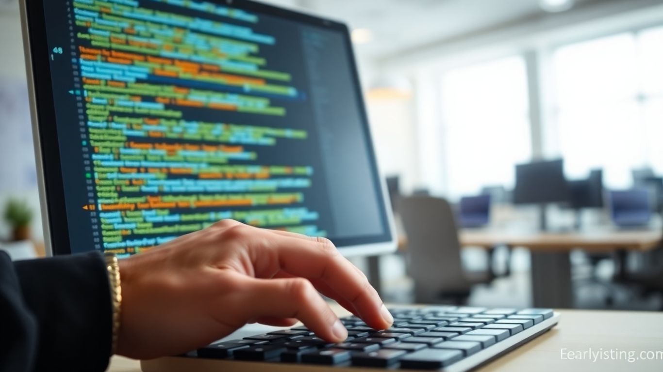 Tela de computador com código e mão no teclado.