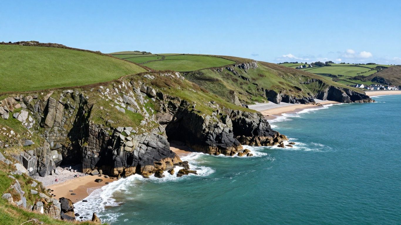 Pembrokeshire coast with cliffs, sea, and green hills.