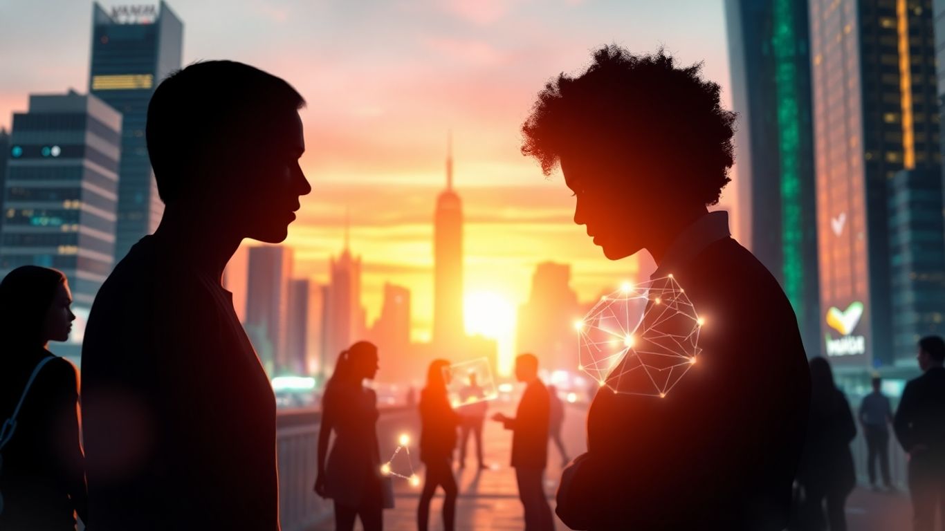 Futuristic cityscape with holographic interfaces and people.