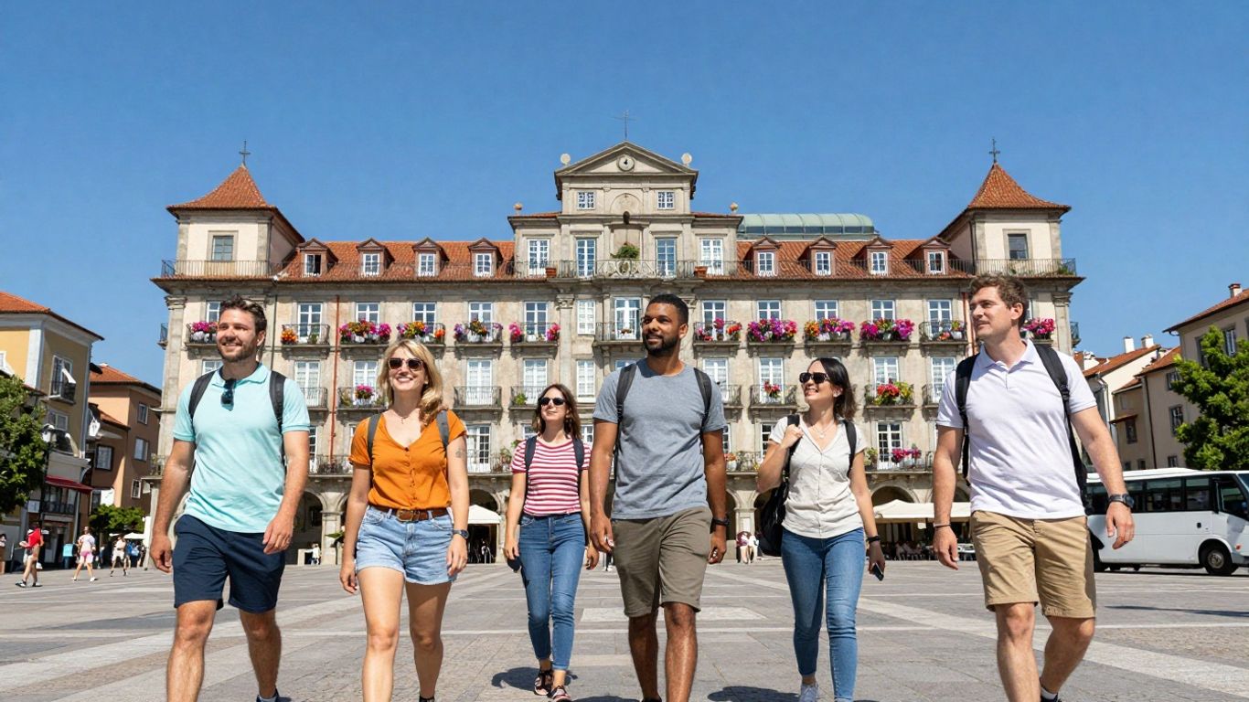Uśmiechnięci podróżnicy zwiedzają europejskie miasto z autokarem.