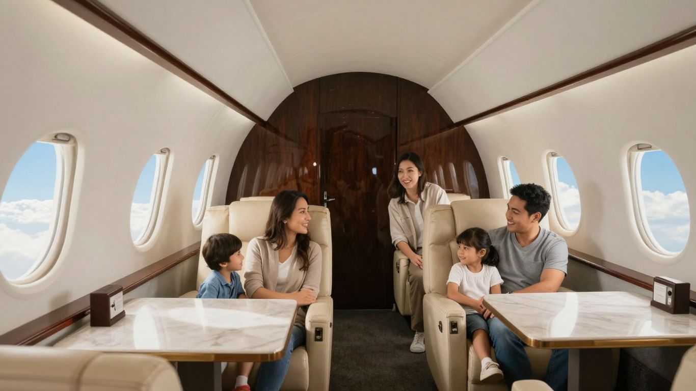 Family relaxing in a luxurious private jet cabin.