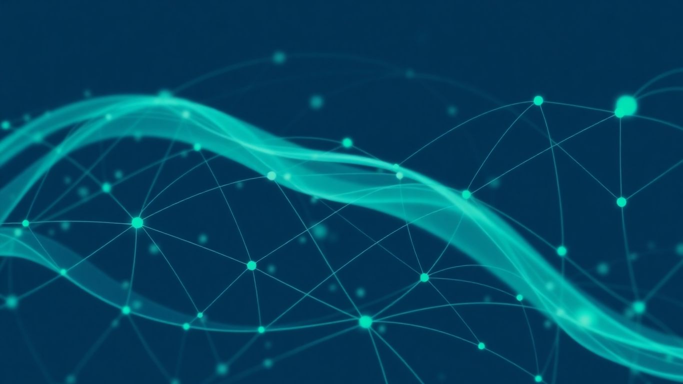 Abstract infographic with blue and green swirling lines and nodes.