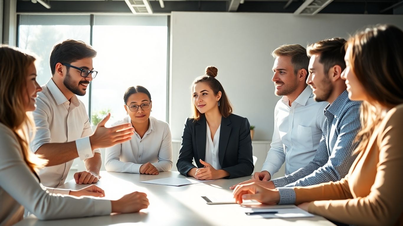 Business professionals collaborating in a modern office setting.