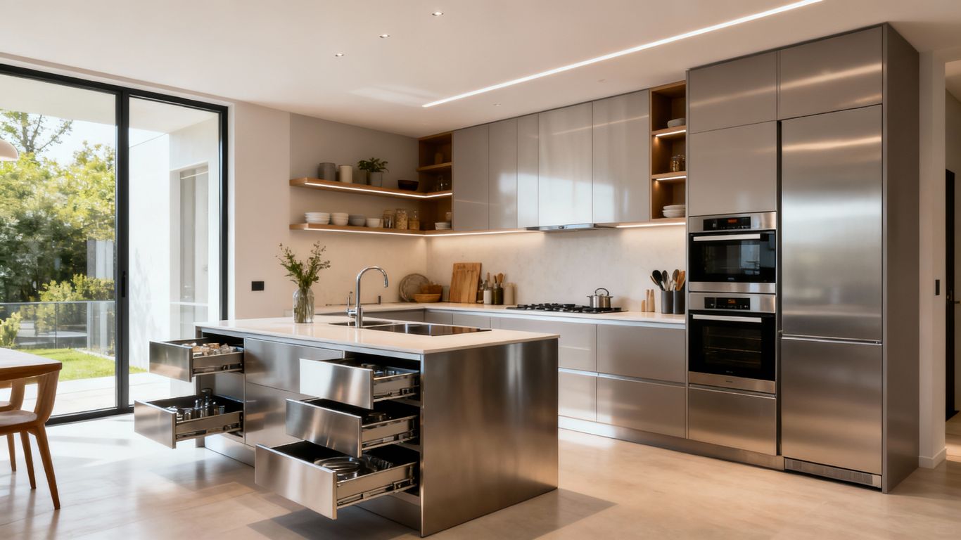 Modern kitchen with built-in appliances and creative storage solutions.