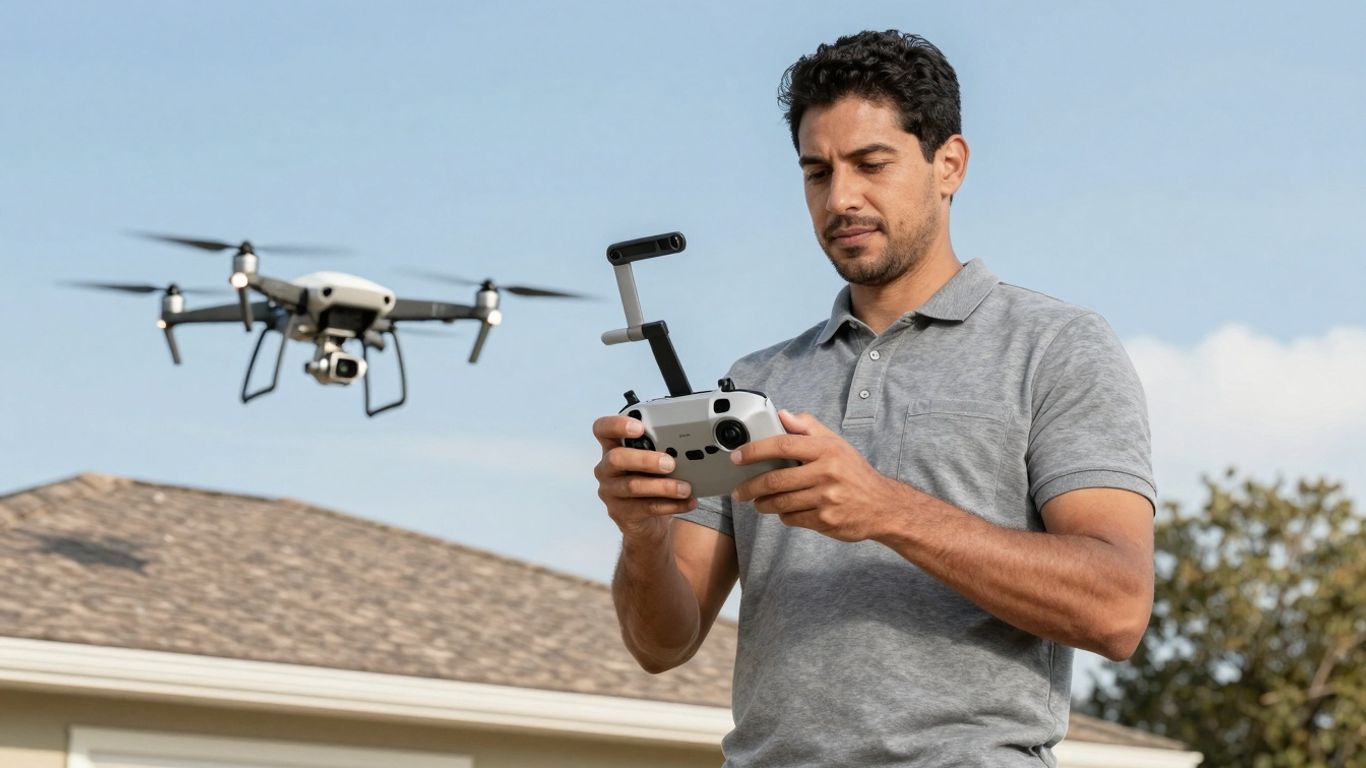 Plumber controlling drone for leak detection survey.