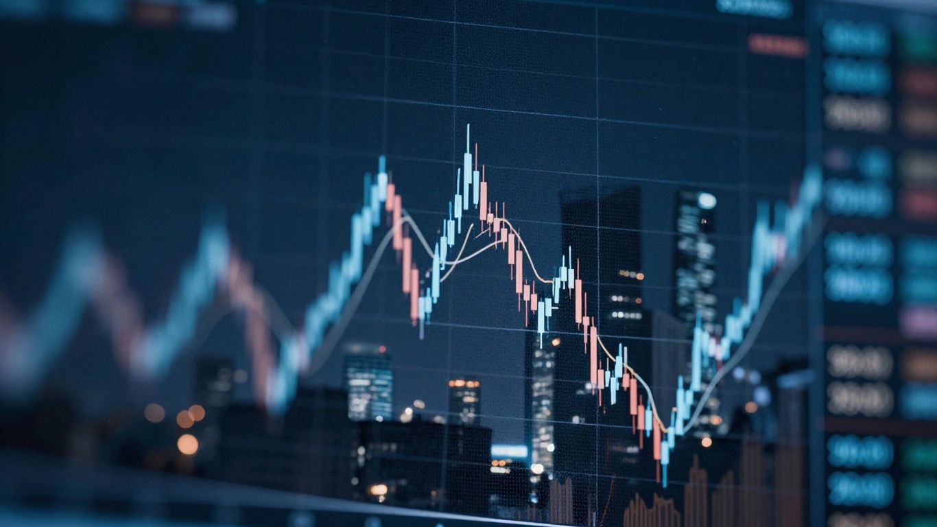 Financial market movements with abstract trading visuals.