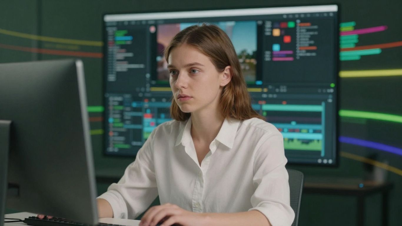 Creator using AI for fast video editing on a computer.