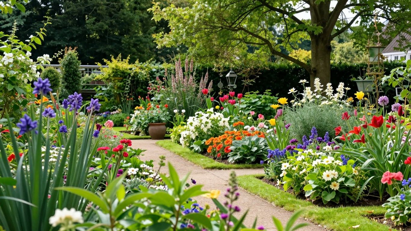 Mooie open tuin met bloemen en paden in Brabant.