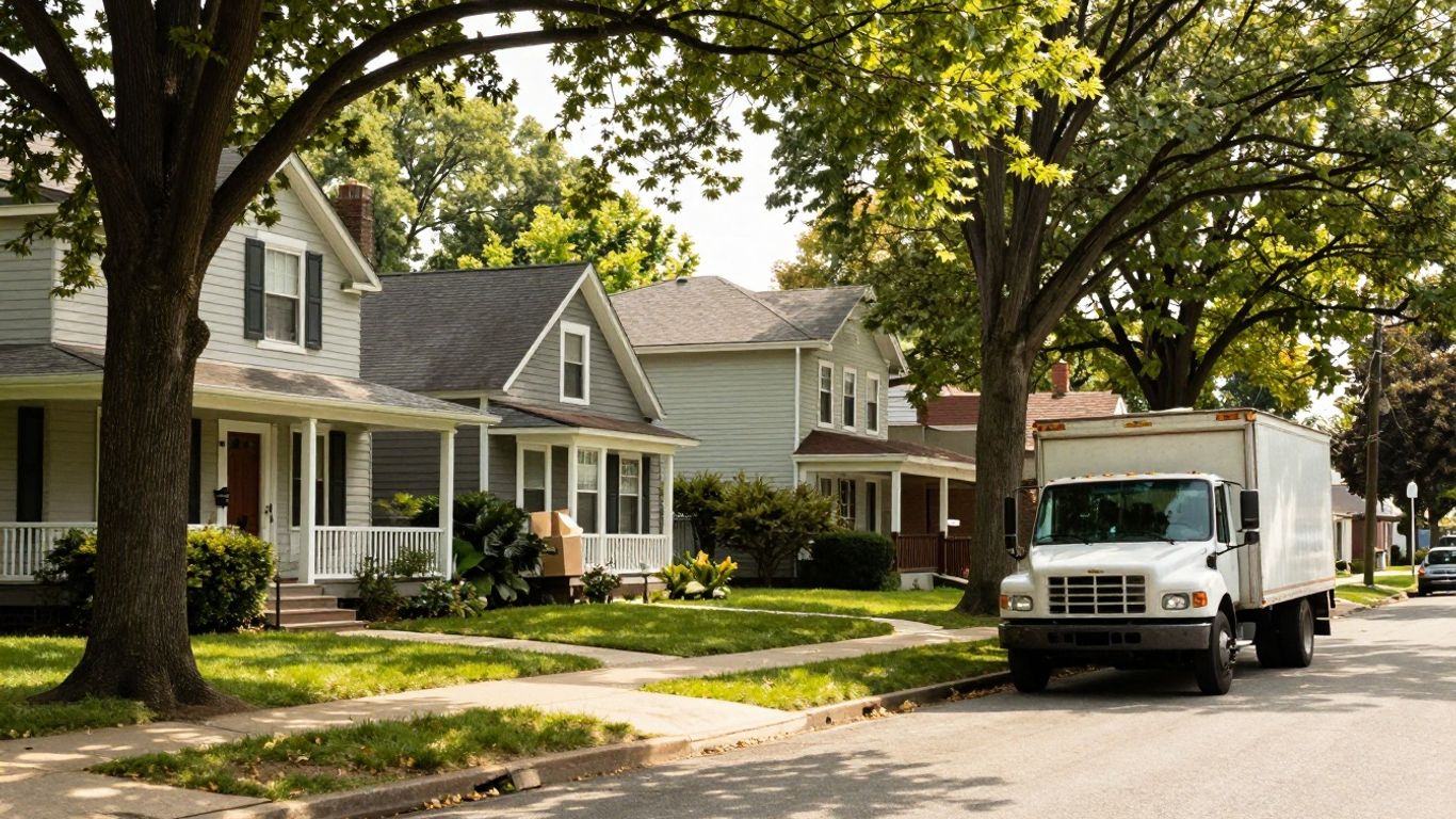 Moving truck on a tree-lined street in Orchard Park, NY.