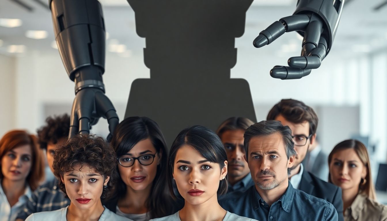 Robot casting a shadow over worried office workers, symbolizing AI job displacement.