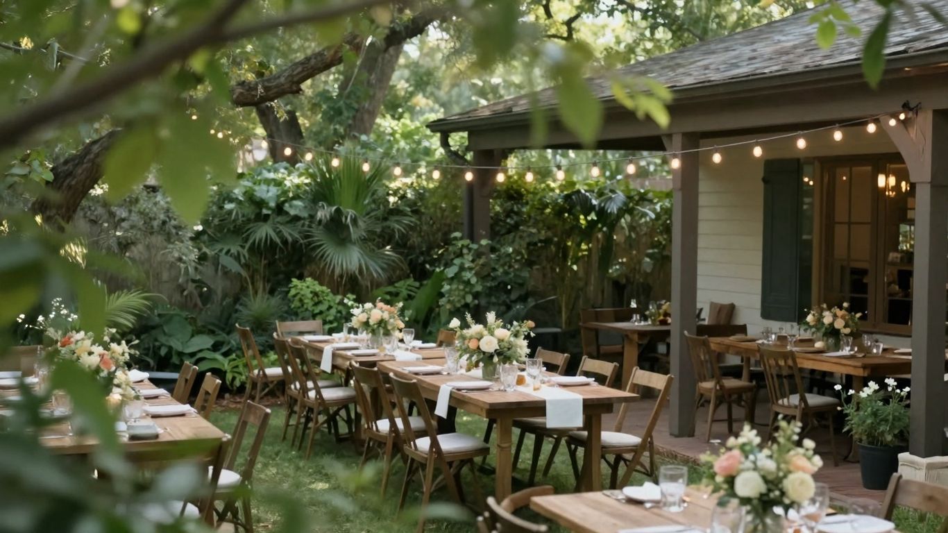 Intimate patio wedding venue in North Dallas with string lights.