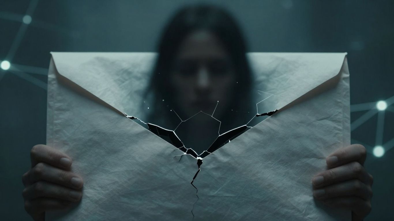 Cracked digital envelope with shadowy figure behind it.