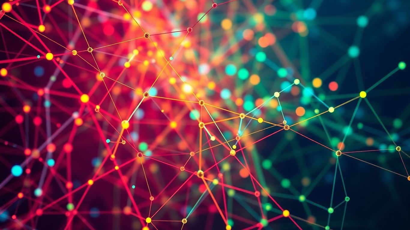 Abstract network of colorful interconnected nodes and lines.