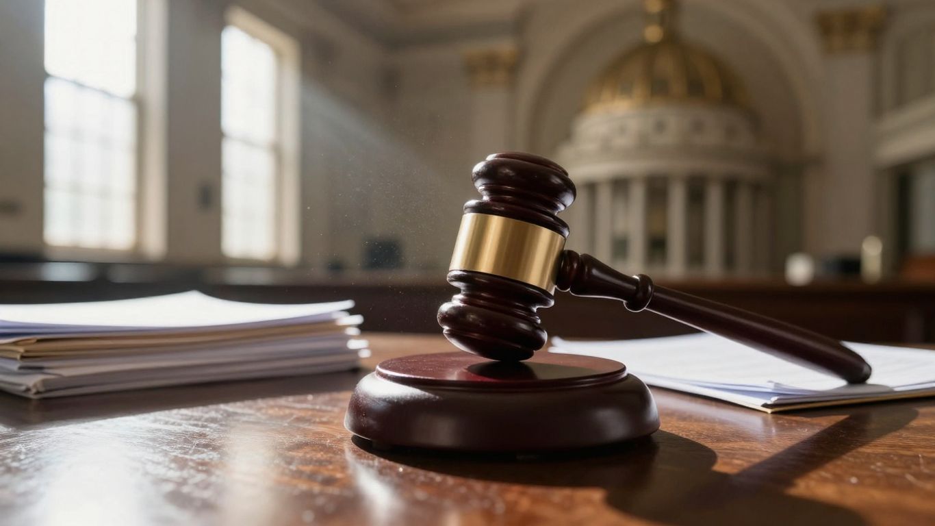 Gavel striking block, legislative building, legal documents.