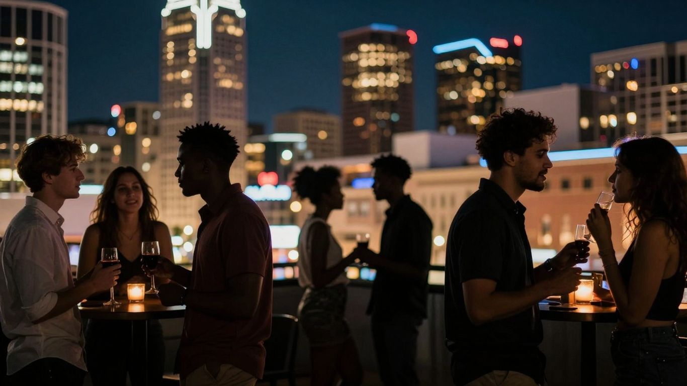 Dallas skyline with people mingling at night.