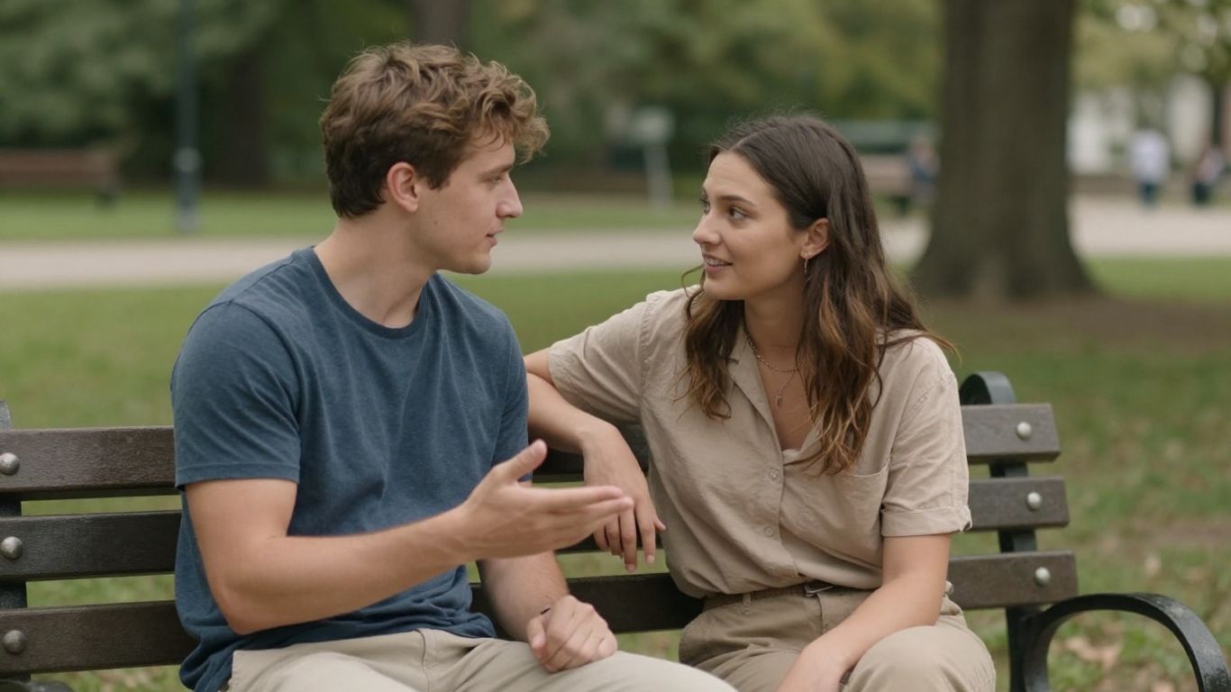 Oameni discutând pe o bancă în parc, stabilind conexiuni.