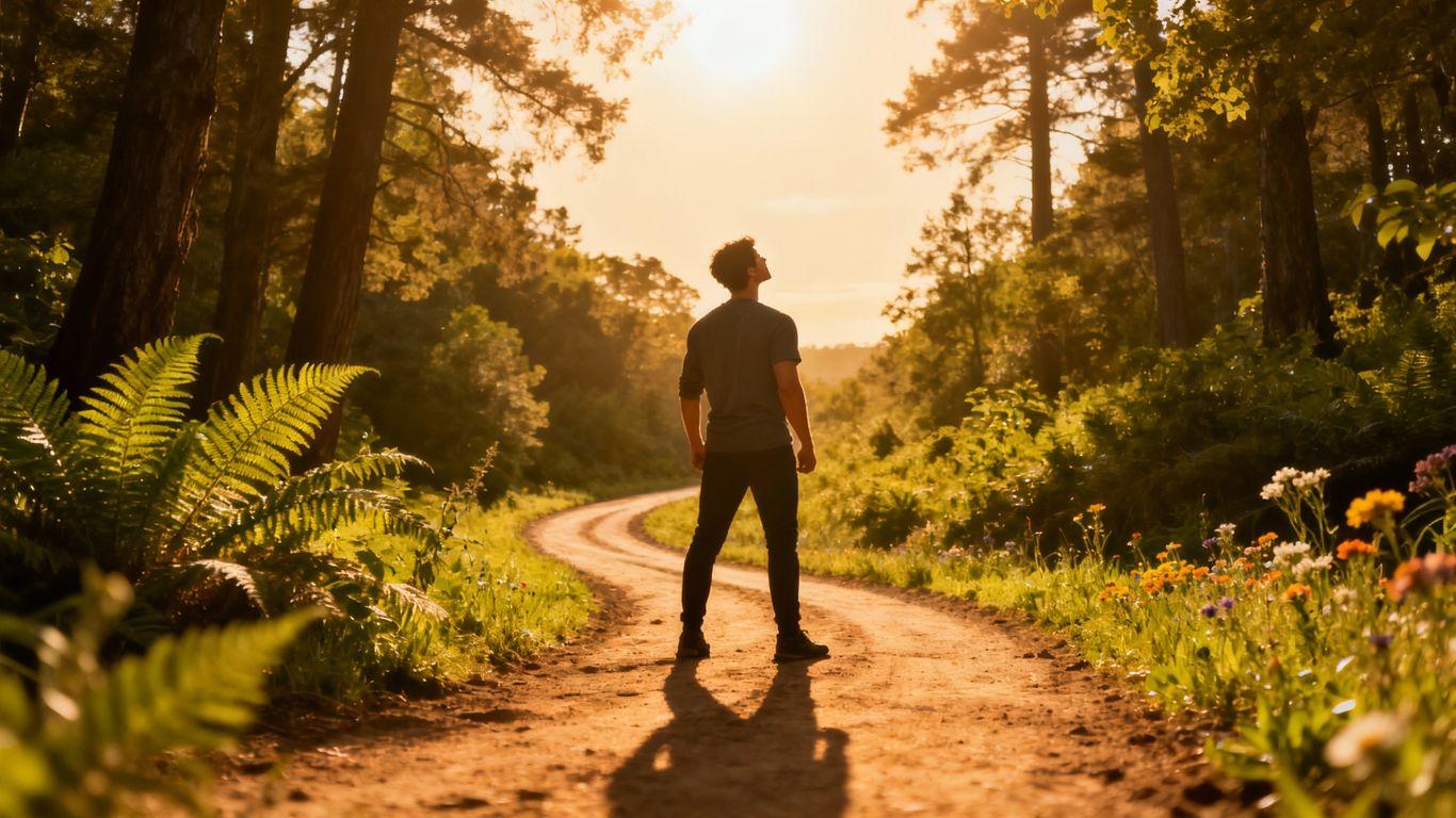 Confident person on a path towards a bright horizon.