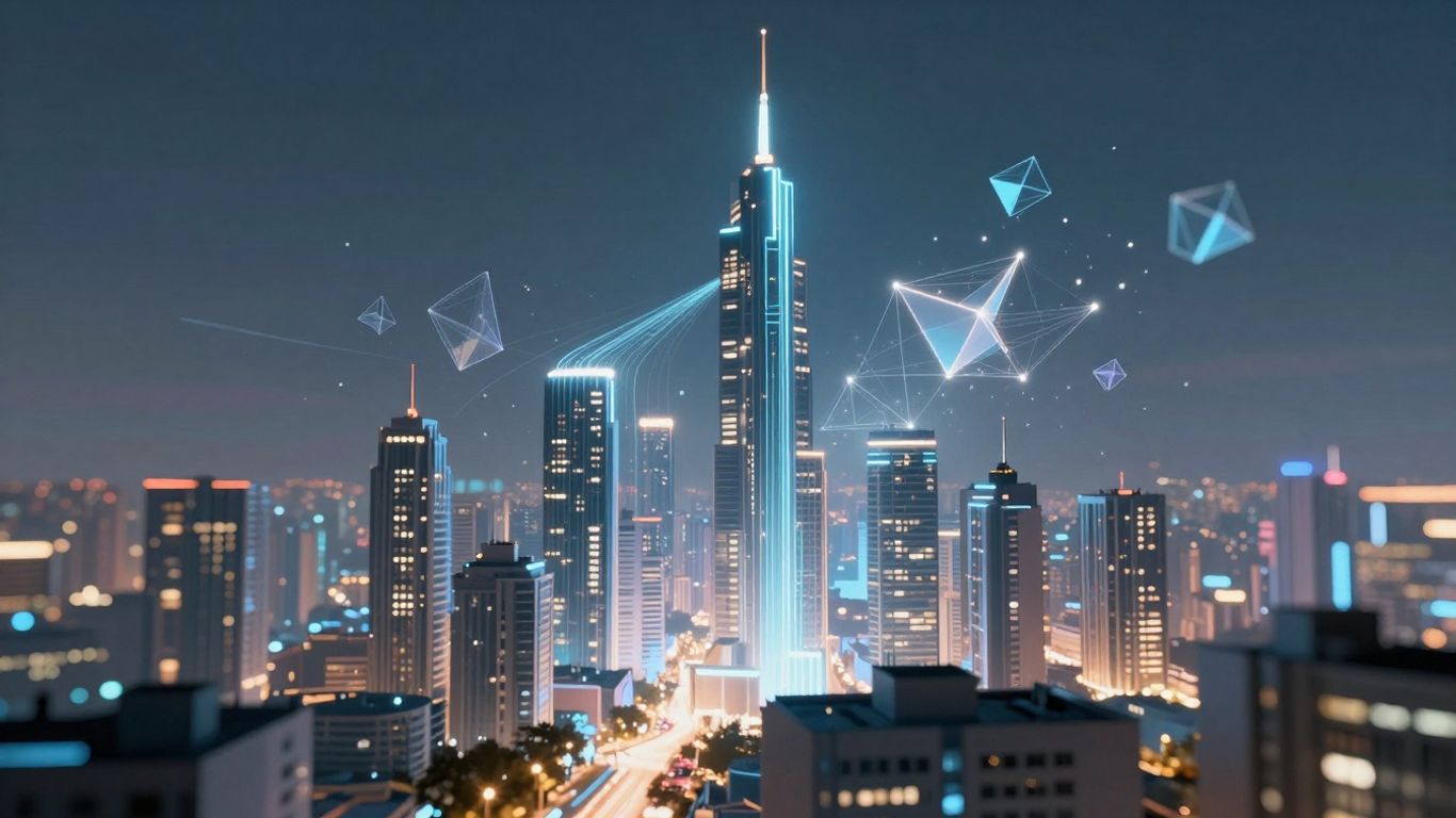 Futuristic cityscape with glowing digital streams.