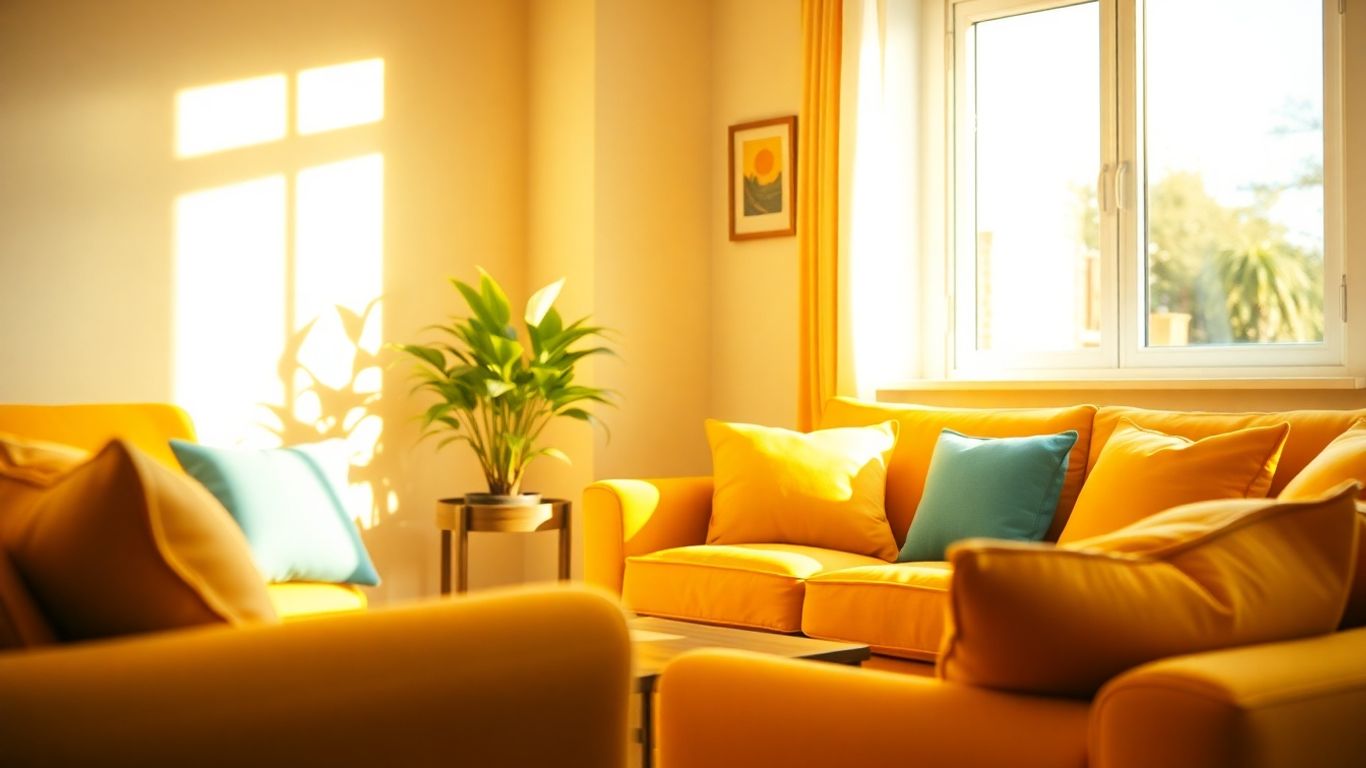 Camera de zi luminoasă cu mobilier colorat și lumină caldă.