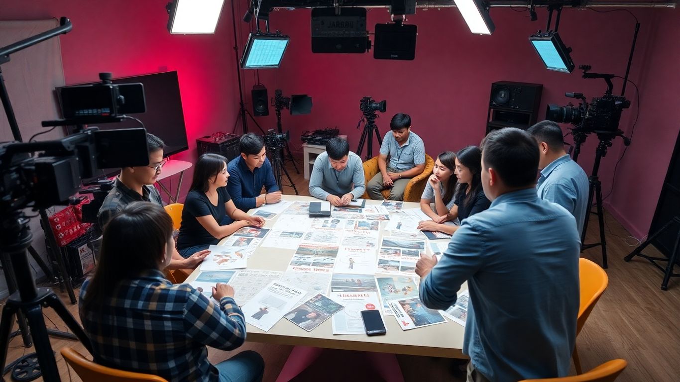 Tim produksi film bekerja di studio modern.