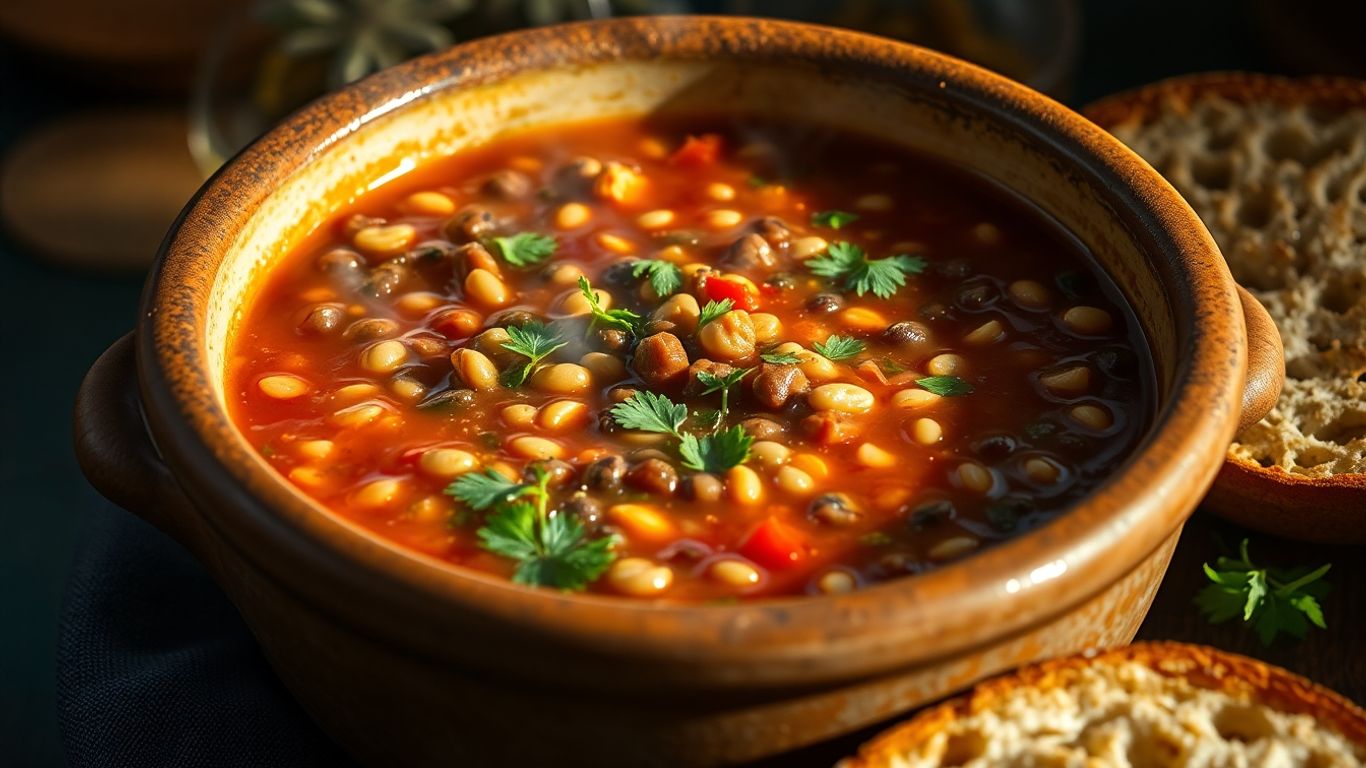 Hearty plant-based lentil soup with vegetables and herbs.