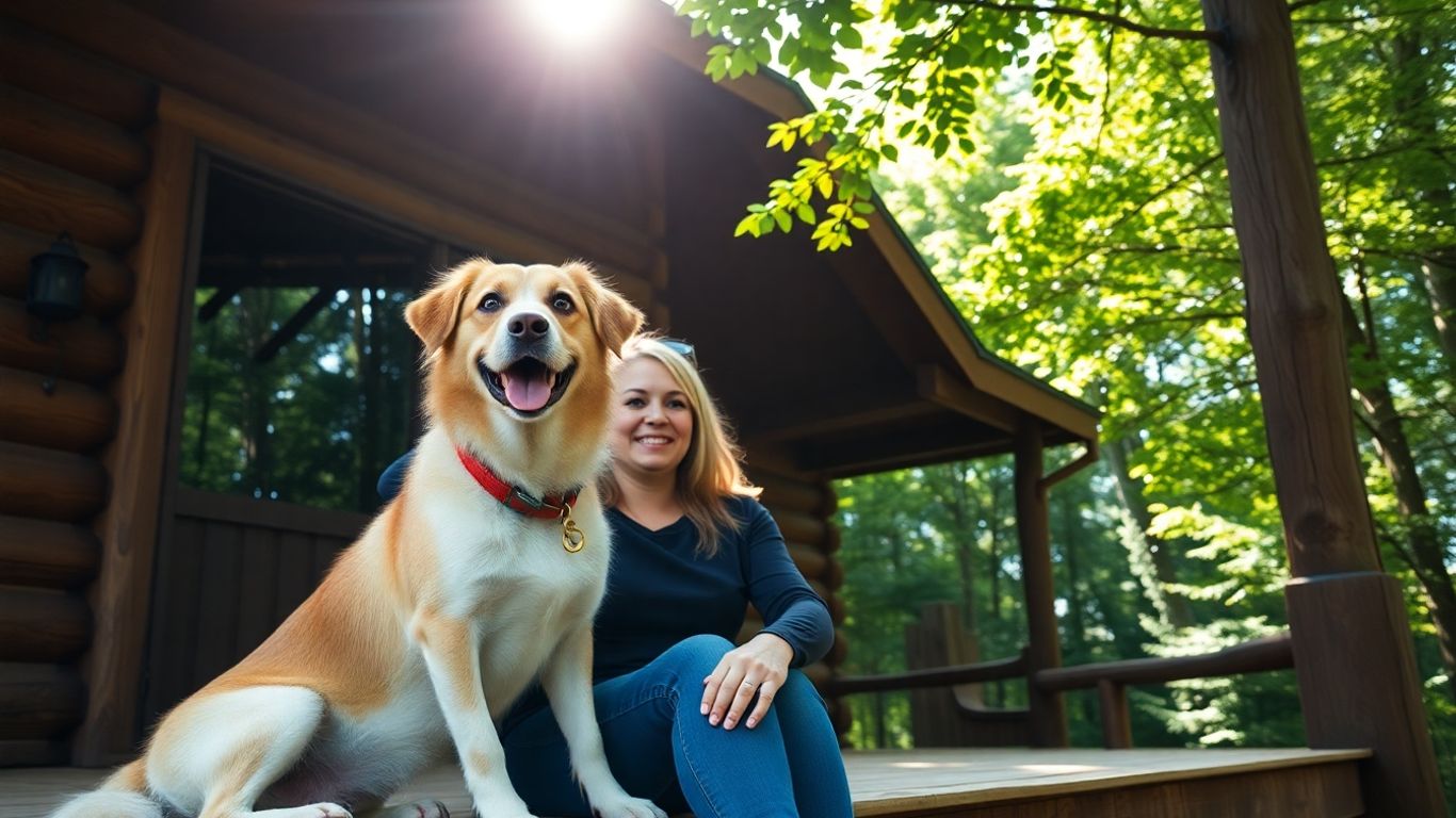 Dog and owner enjoying a log cabin getaway in nature.
