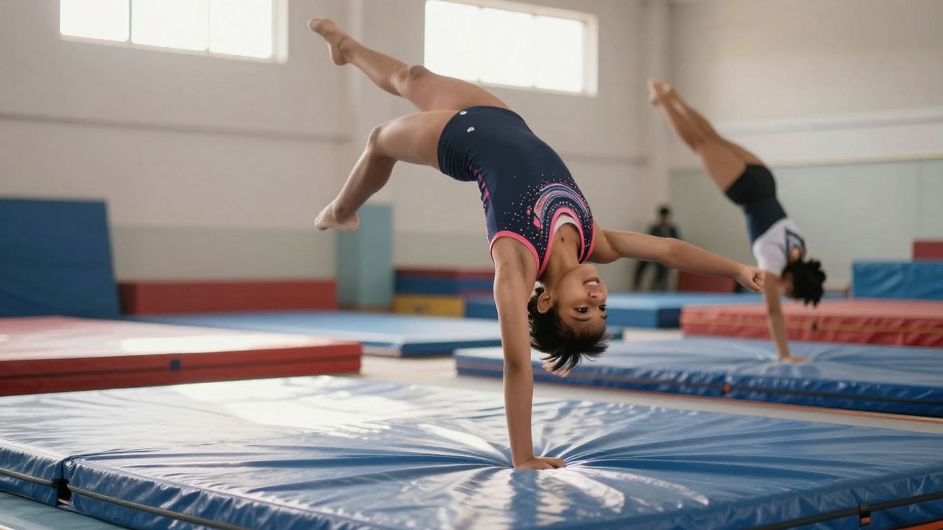 Young gymnasts performing flips and tumbles in a bright gym.