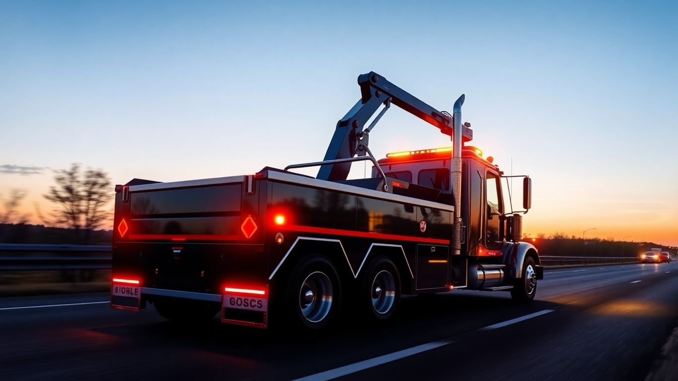 Tow truck on a highway at dusk.