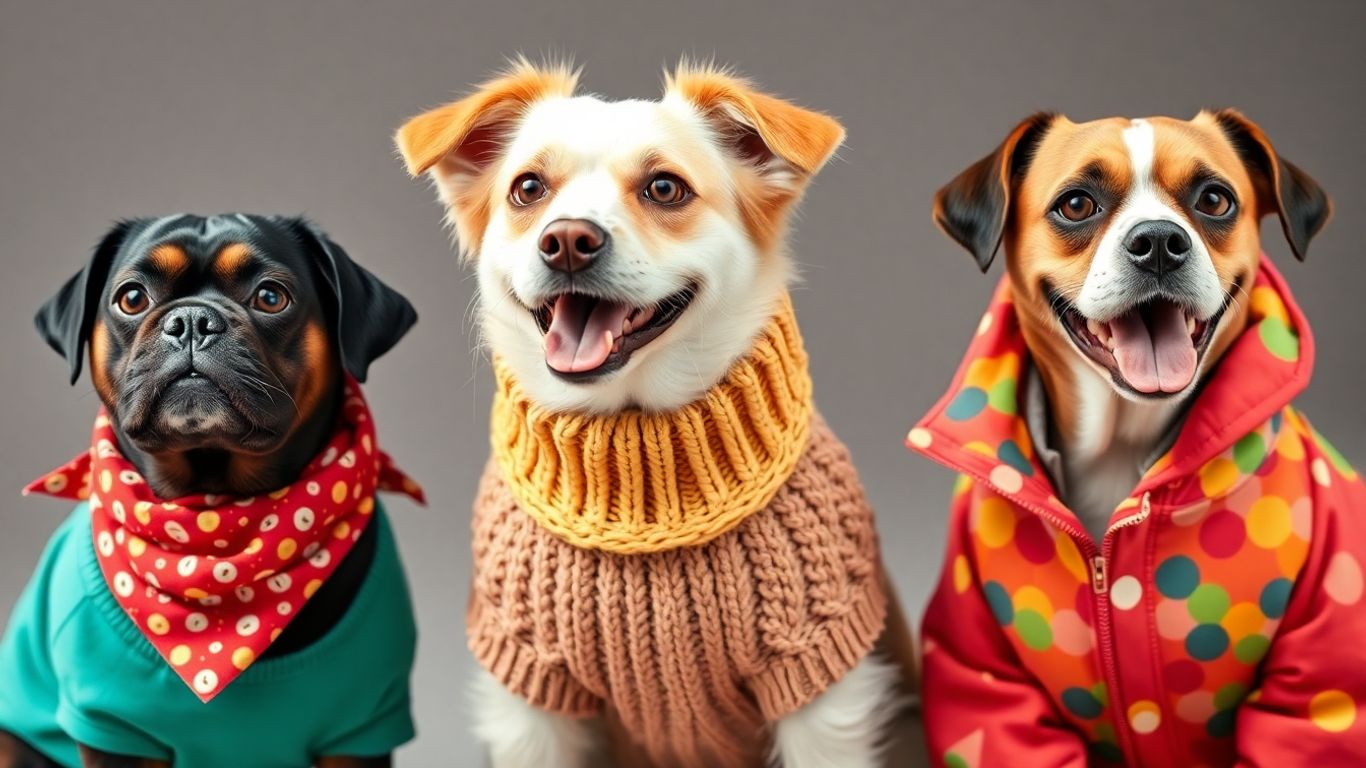 Dogs wearing fashionable and colorful apparel.