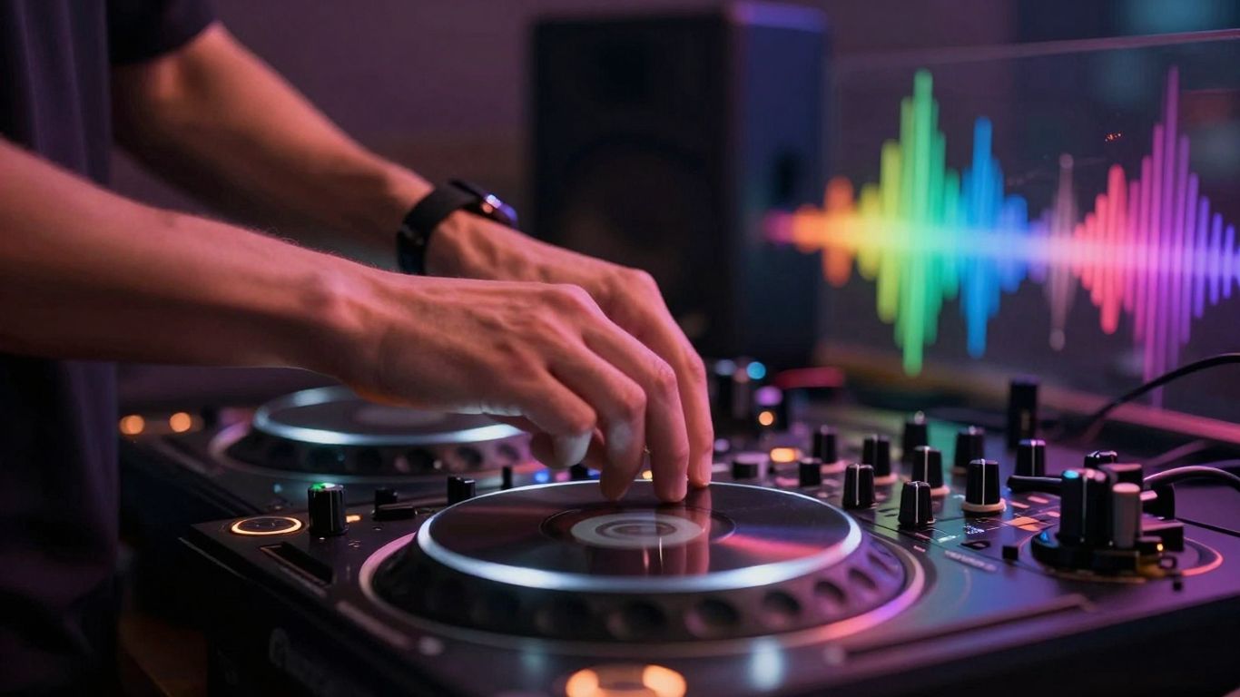 DJ hands mixing beats on a turntable