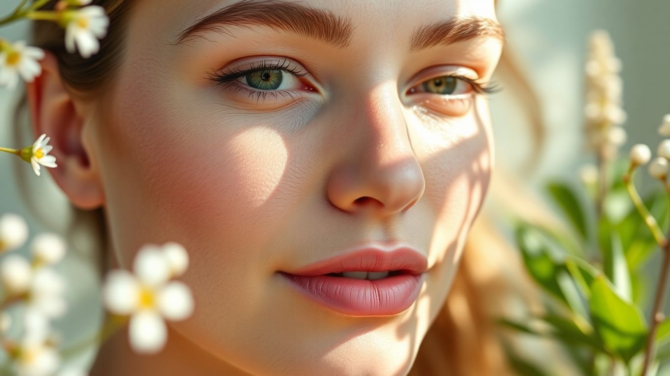 Woman with glowing skin, natural light, luxury skincare