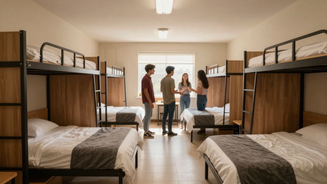 Hostel interior with beds and people.