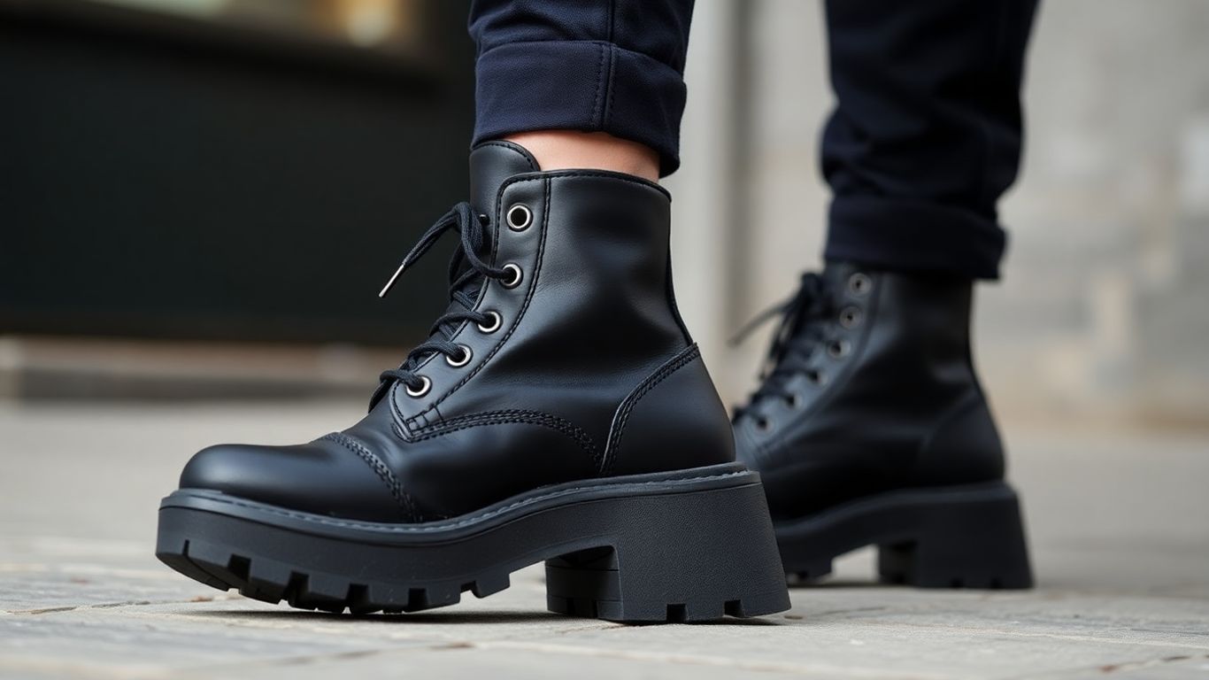 Chunky tractor sole boots on feet.