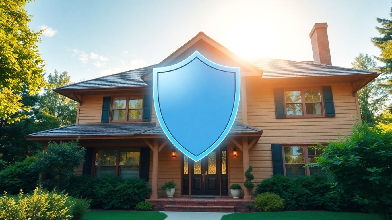 Hogar seguro con escudo protector sobre él.