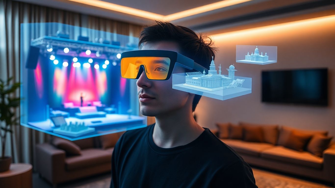 Person using AR glasses with holographic projections.