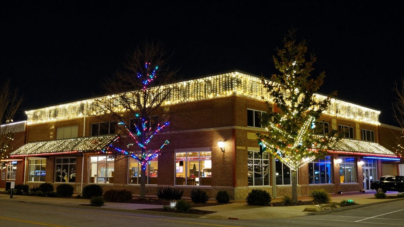 Festive commercial building illuminated by bright Christmas lights at night.