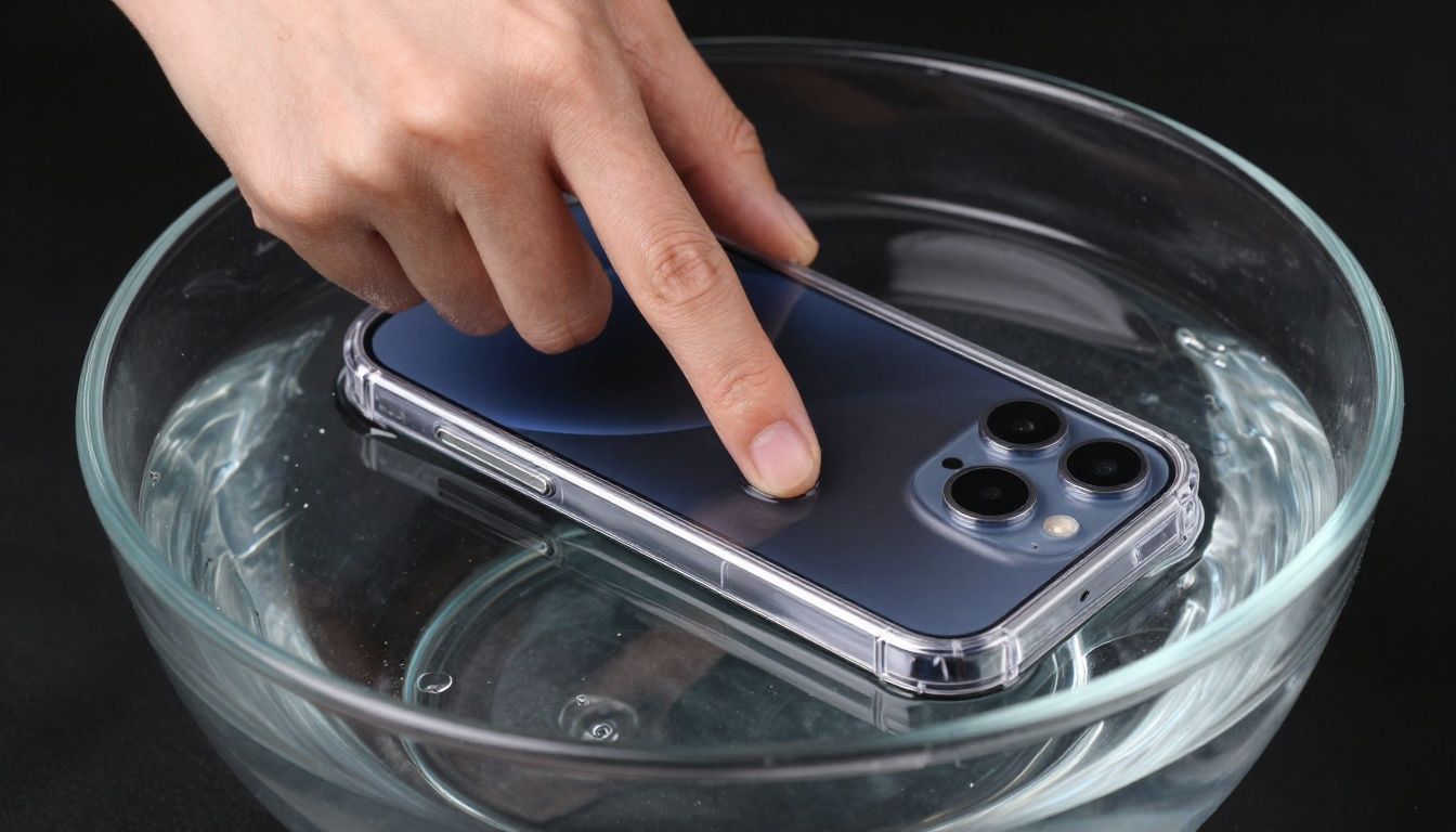 Photorealistic image of a person's hands submerging a generic smartphone inside a clear waterproof phone case into a bowl of water; no brand logos visible