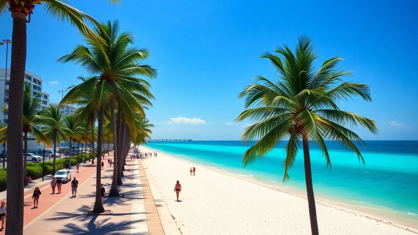 Miami Beach Boardwalk with palm trees and ocean.