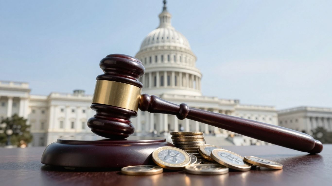 US Senate building with digital coins and a gavel.